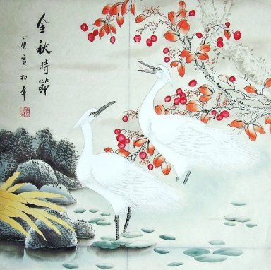 Crane & Foglie rosse - Pittura cinese