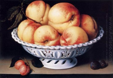 Vit Keramik Skål med persikor och Red and Blue Plommon