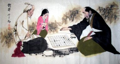 Två gamla människor spelar schack - kinesisk målning