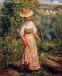 Mulher nova no vermelho nos campos 1900