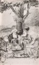 Cuatro orientales sentado bajo un árbol de la tinta en el papel