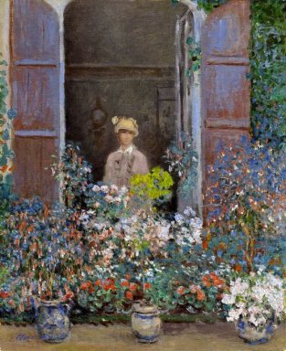 Camille Monet på fönstret Argentuile