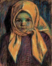 Menina com babushka amarelo