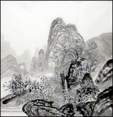 Berg och vatten, träd - kinesisk målning