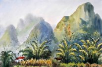 Gunung, Pohon, Cat Air - Lukisan Cina
