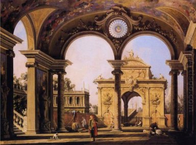 Capriccio av en renässans triumfbåge sett från portiken