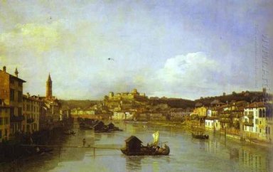 Ansicht von Verona und den Fluss Etsch von der Ponte Nuovo 1747