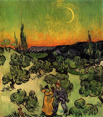 Paisaje con pareja caminar y Crescent Moon 1890