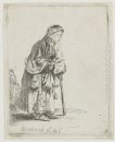 Tiggare Kvinna stödd på en Stick 1646