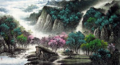 Montanhas, cachoeira, árvores - pintura chinesa