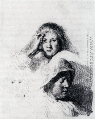 Ark av Sketches med ett porträtt av Saskia