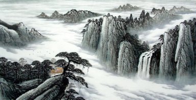 Berg en waterval - Chinees schilderij