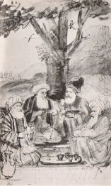 Four Orientals Seated Under A Tree Ink On Paper