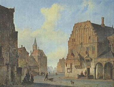 Utsikt över det gamla rådhuset i Arnhem, med fantasielement