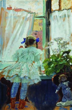 En la ventana Retrato de I B Kustodieva 1910