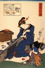 A mulher assentada costura Um Kimono