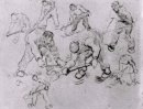 Sheet Med Sketches Of Diggers och andra figurer 1890 1