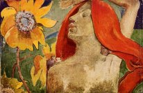 rothaarigen Frau und Sonnenblumen