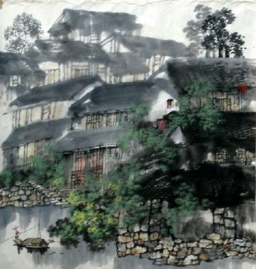 En liten stad - kinesisk målning