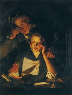 A Girl Reading A Letter With An Old Man Reading Over Her Shoulde