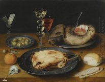Still Life of a Roast Chicken, a Ham and Olives on Pewter Plates