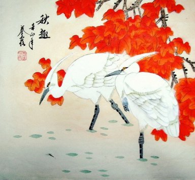Crane & Röda blad - kinesisk målning