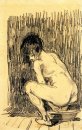 Mujer desnuda en cuclillas sobre una cuenca de 1887