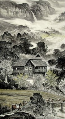 Landschap met gebouwen - Chinees schilderij