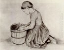Mädchen kniend vor einem Eimer 1881
