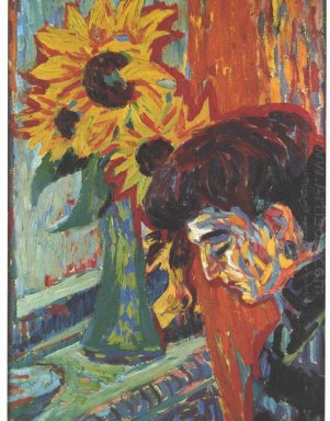 Head Of A Woman In Front Of Sunflowers