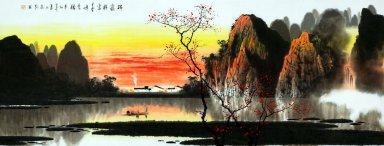 Bergen, water, bomen - Chinees schilderij