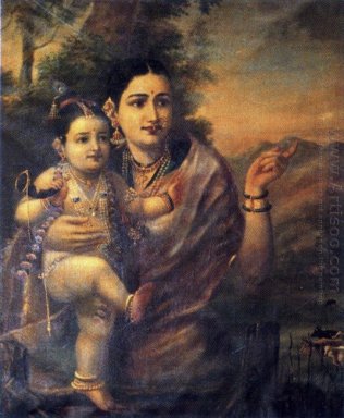 Sri Krishna, como un niño pequeño con la madre adoptiva Yasoda