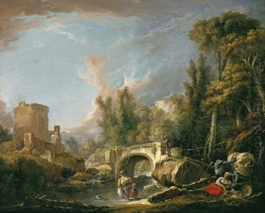 Paysage de rivière avec Ruin And Bridge