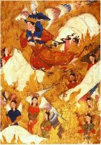 Archangel Gabriel carries the Prophet Muhammad over the mountain