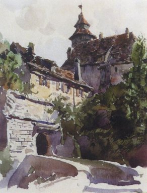 Corner der mittelalterlichen Stadt mit einer Mauer 1889