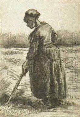 Bauernfrau, die mit einem langen Stock 1885