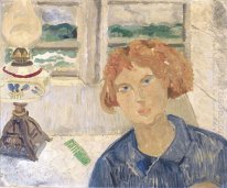 Ragazza e lampada in una finestra Cornish