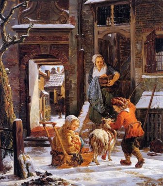 Winter uitzicht op de stad met kinderen