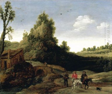A landscape with travellers crossing a bridge before a small dwe