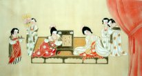 Mooie dame, schaken - Chinees schilderij