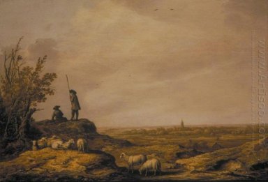 Paesaggio panoramico con pastori, pecore