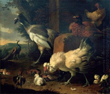 Pollame domestico con un fagiano e pavoni