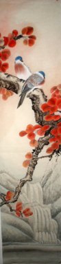 Birds & feuilles rouges - peinture chinoise