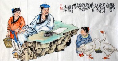 Le vieil homme parle avec les enfants - Peinture chinoise