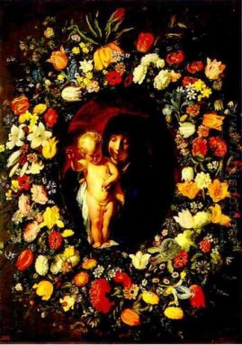 Madonna y niño envuelto con las flores 1618