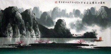 Mountains, water, Plum flower - Chinese Painting