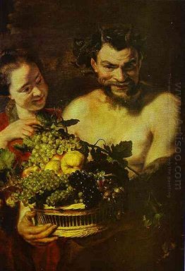 Satyre et une fille avec un panier de fruit