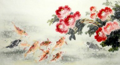 Fish-Pivoine - Peinture chinoise