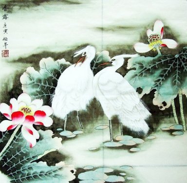 Crane & Lotus - peinture chinoise