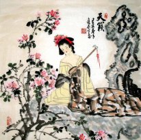 Het meisje speelt de fluit-Chuidi - Chinees schilderij